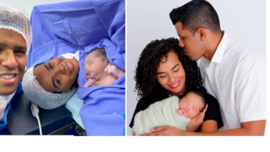 Na imagem está Marcos, ao lado de sua esposa Débora, segurando o bebê.