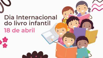 Imagem de fundo branco escrito: dia internacional do livro infantil, abaixo 18 de abril, no canto direito há um grupo de crianças lendo