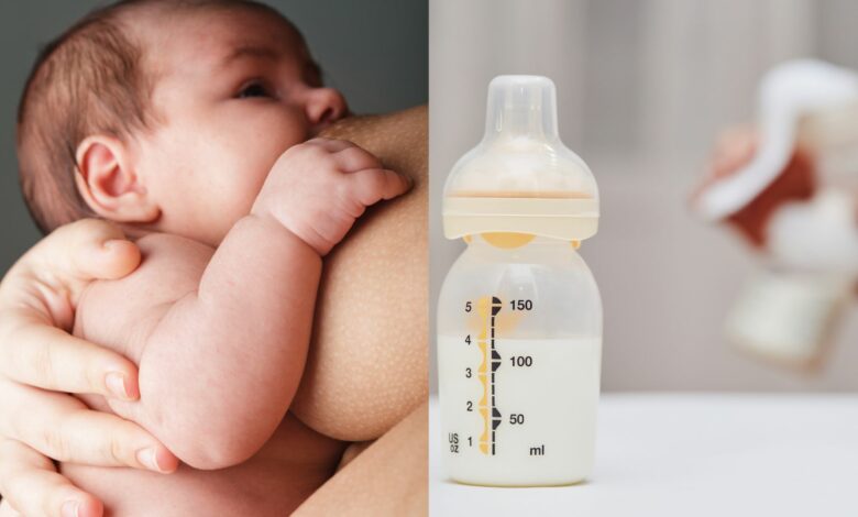 Diferentes formas de amamentação Duas imagens, a primeira uma mãe branca amamentando seu bebê e na outra uma mamadeira com leite materno e uma bomba de leite ao fundo